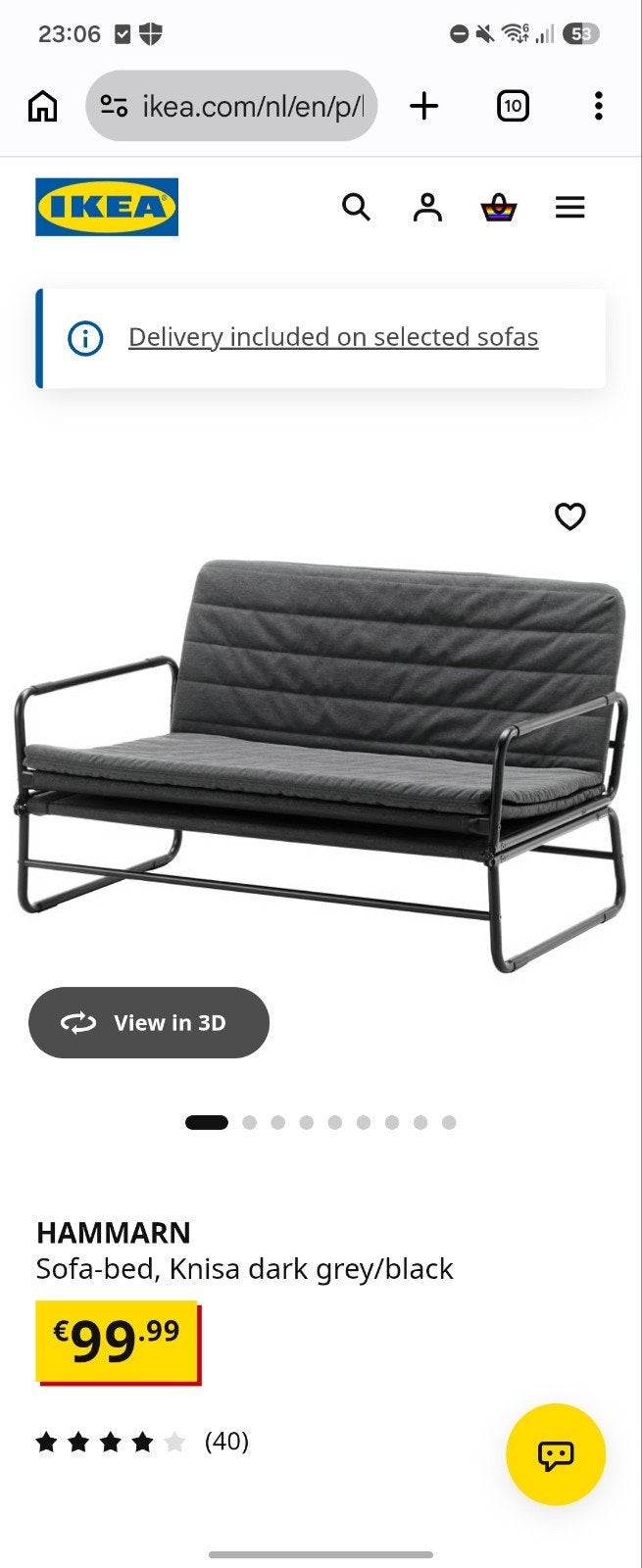 IKEA HAMMARN Slaapbank - Knisa donkergrijs/zwart, Ophalen, Tweepersoons, Zo goed als nieuw, Overige maten