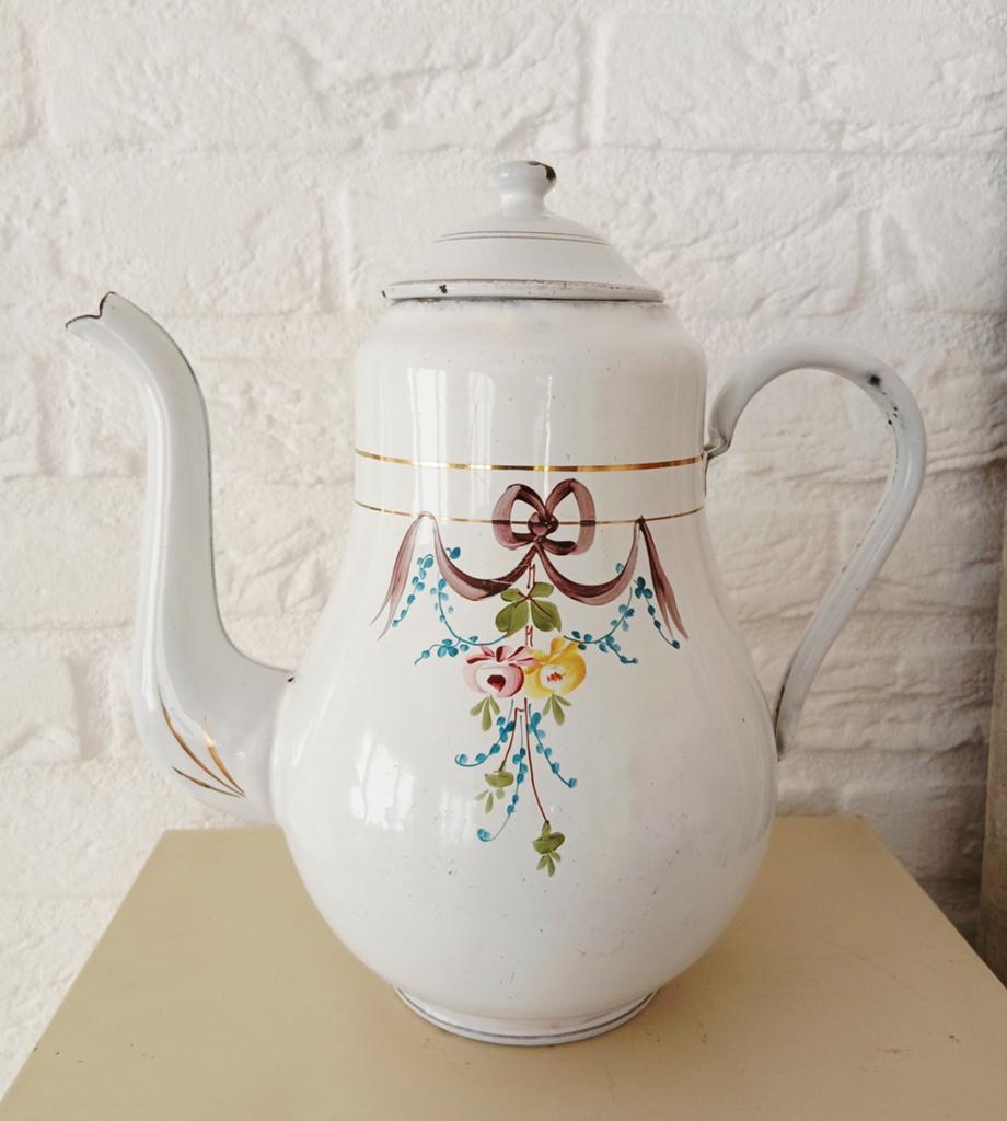 emaille koffiepot wit met strik en roosjes, Ophalen of Verzenden
