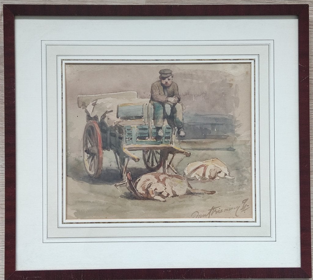 Jan Striening (1827-1903) - Man met hondenkar (aquarel), Antiek en Kunst, Kunst | Tekeningen en Foto's, Ophalen of Verzenden, Tekening