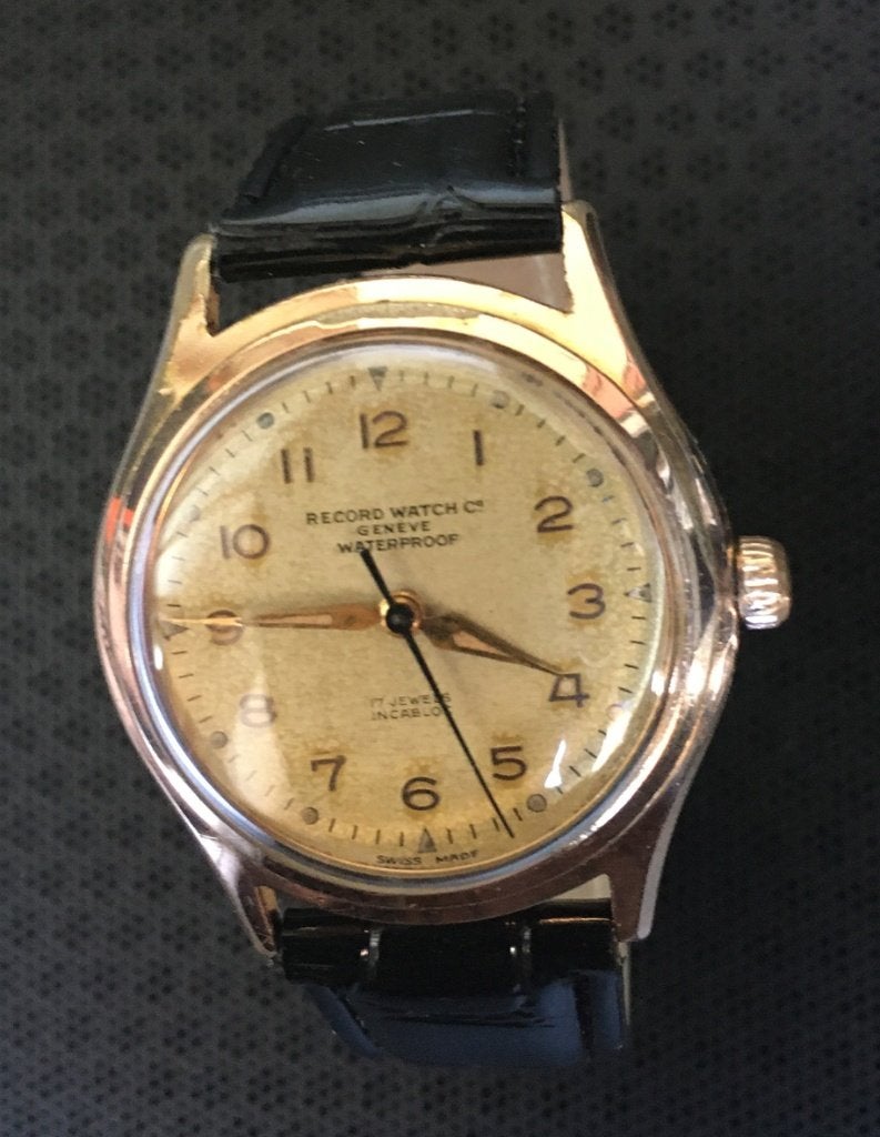 Record Watch Co Genève - Gouden horloge (1950), Overige merken, Polshorloge, Ophalen of Verzenden, Goud