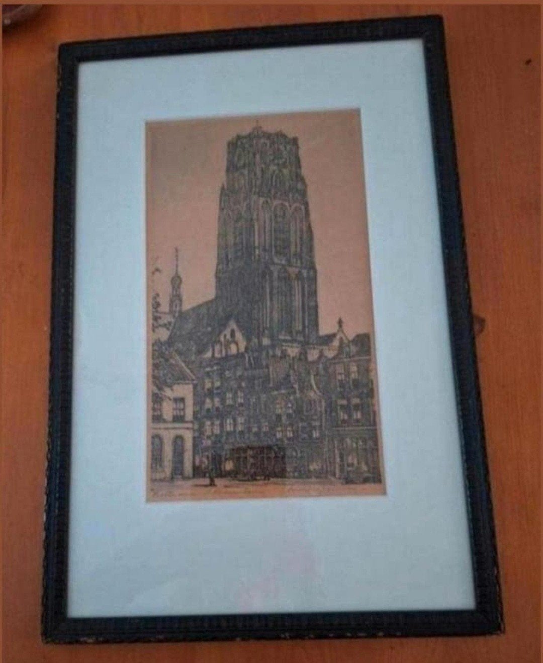 Oude ets van de Laurenskerk in Rotterdam, ingelijst, Antiek en Kunst, Kunst | Etsen en Gravures, Ingelijst, Ets, Architectuur