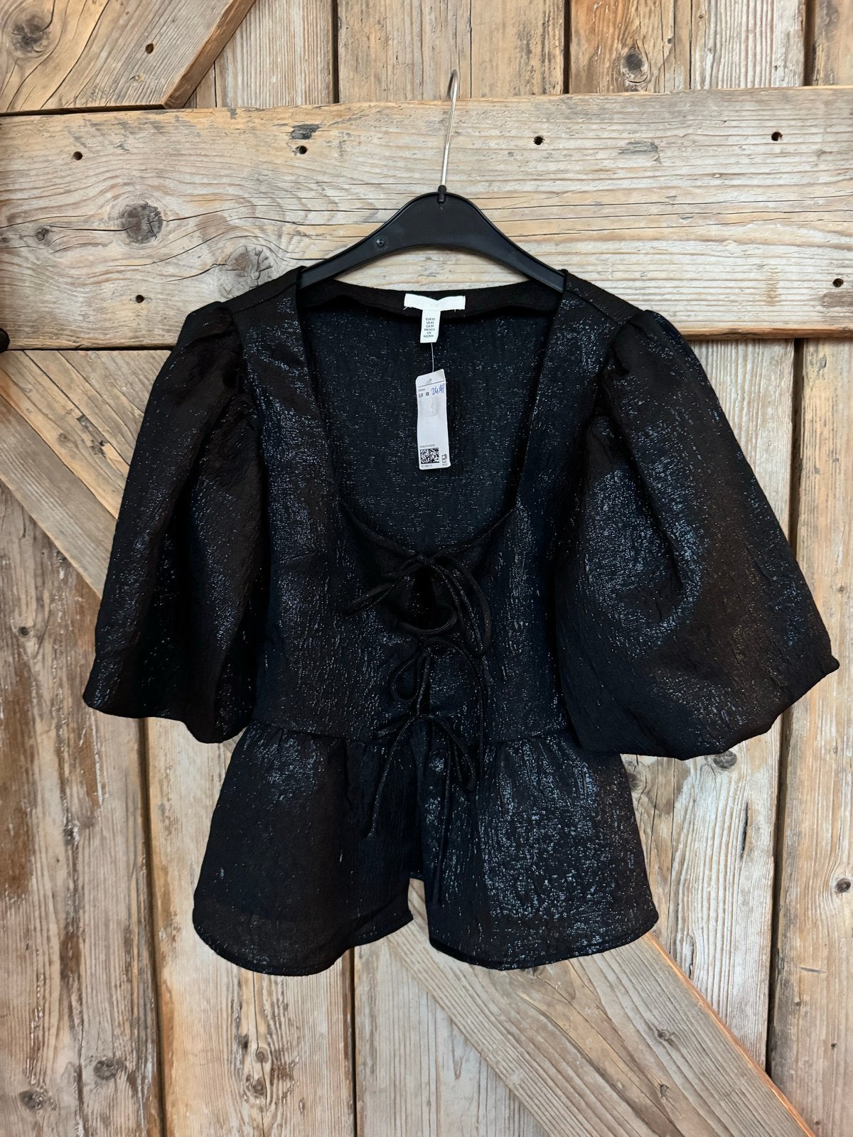 H&M Zwarte Peplum Top met Puffmouwen en Vetersluiting, Zwart, Nieuw, Ophalen of Verzenden, Korte mouw