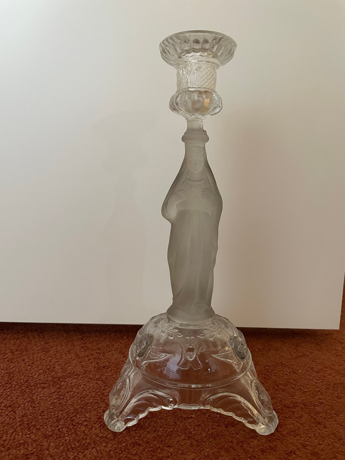 Vintage Glazen Kandelaar met Mariabeeld - Frosted Glas, Antiek en Kunst, Ophalen of Verzenden