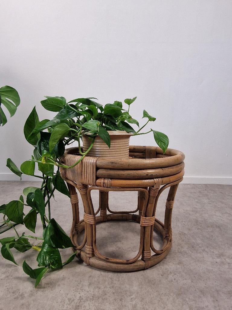 Vintage bamboe/ rotan krukje / plantentafel - Boho jaren '70, Gebruikt, Onbekend, Ophalen of Verzenden, Onbekend