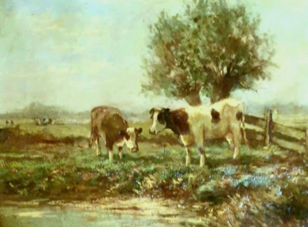 Olieverfschilderij Koeien in Landschap., Antiek en Kunst, Ophalen, Doek, Dieren, Olieverf