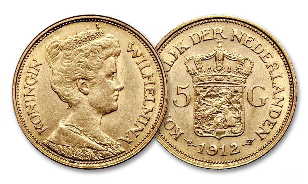 Gouden Wilhelmina 5 Gulden munt 1912, Verzenden, Zuid-Amerika