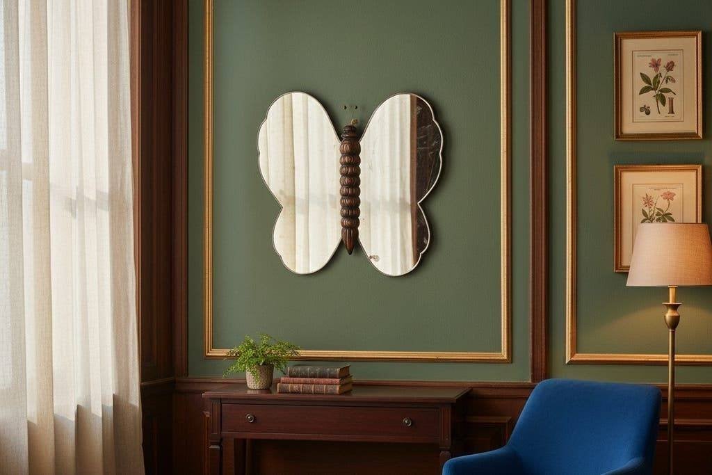 Vintage wandspiegel / muurspiegel  'Vlinder' met hout accent, Ophalen, Utrecht