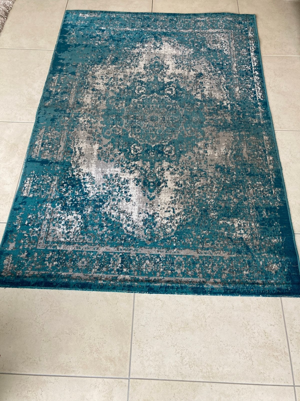 Vintage vloerkleed in petrol en grijs, Gebruikt, 150 tot 200 cm, Ophalen of Verzenden, Grijs
