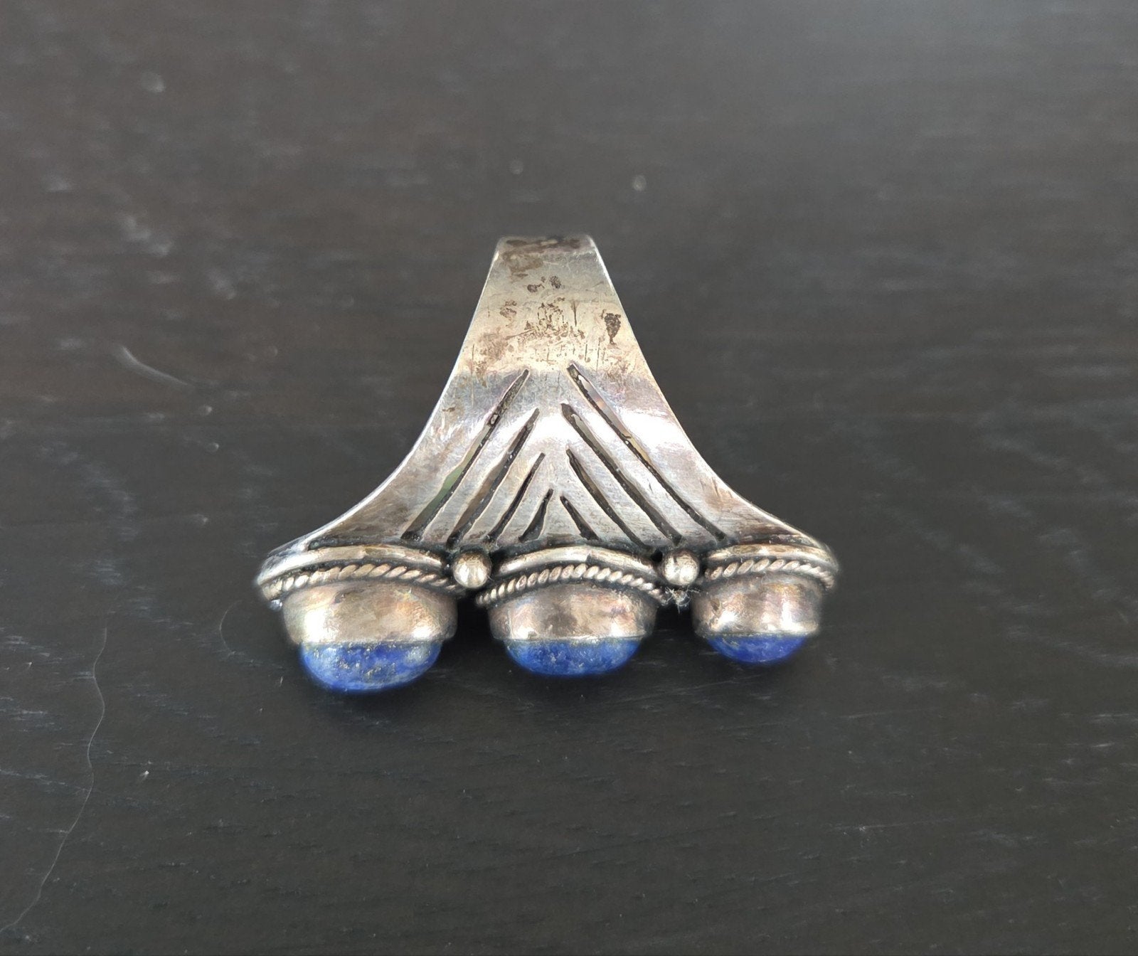 vintage handgemaakte zilveren ring lapislazuli steen, Gebruikt, Ophalen of Verzenden, X, Dame