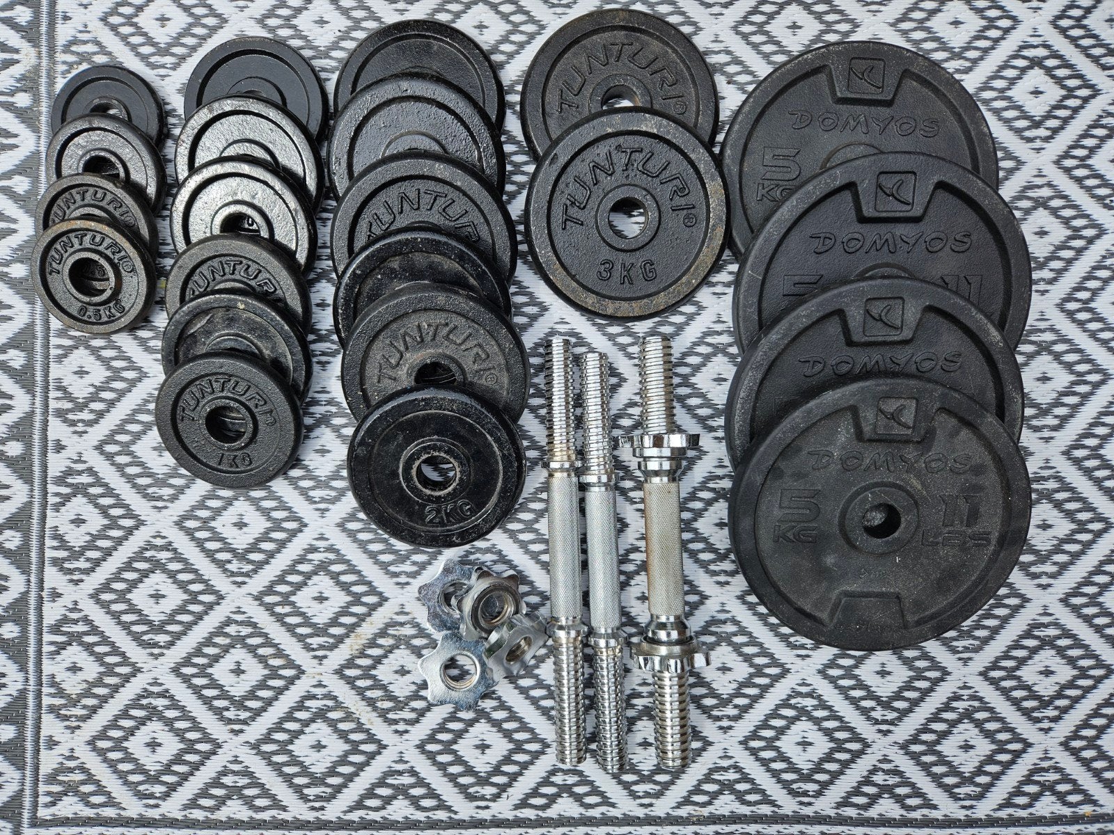 Halterset, met 46kg aan schijven, Sport en Fitness, Fitnessmaterialen, Ophalen, Gebruikt, Halterset