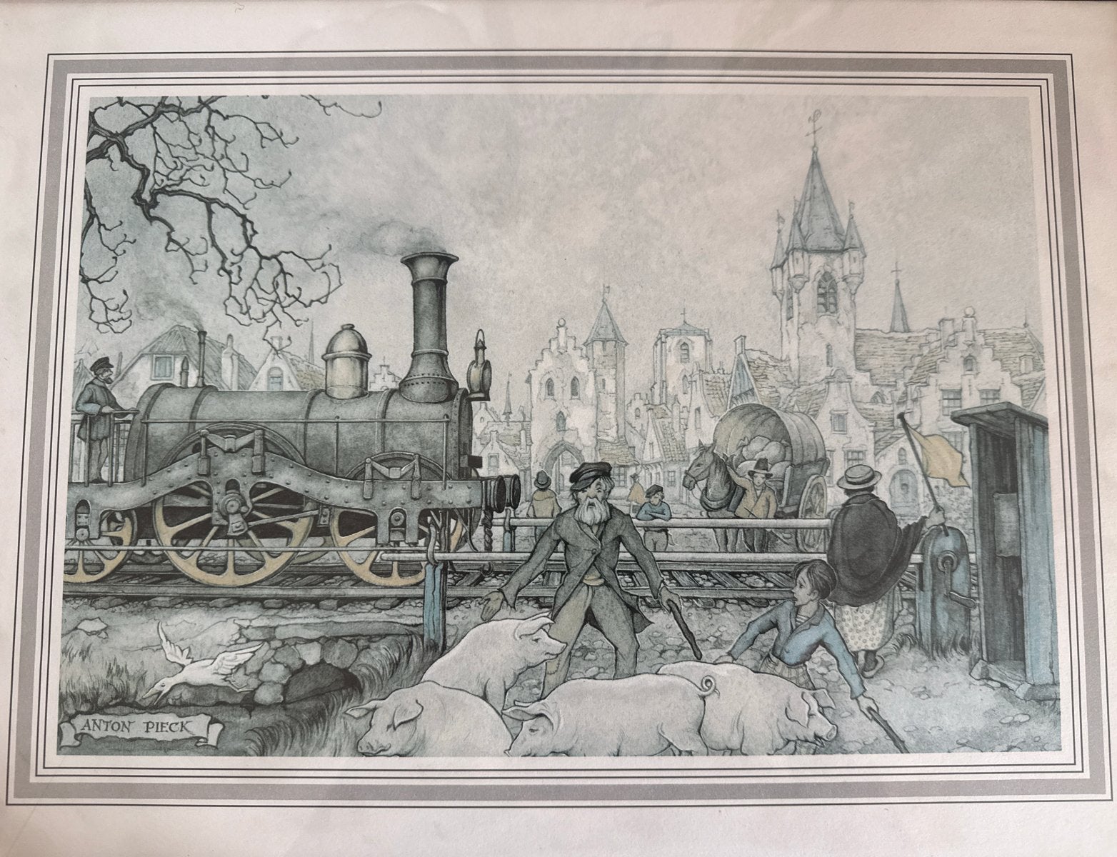 Anton Pieck Prent: Stoomtrein en Dorpsleven, Antiek en Kunst, Kunst | Tekeningen en Foto's, Ophalen, Achter glas