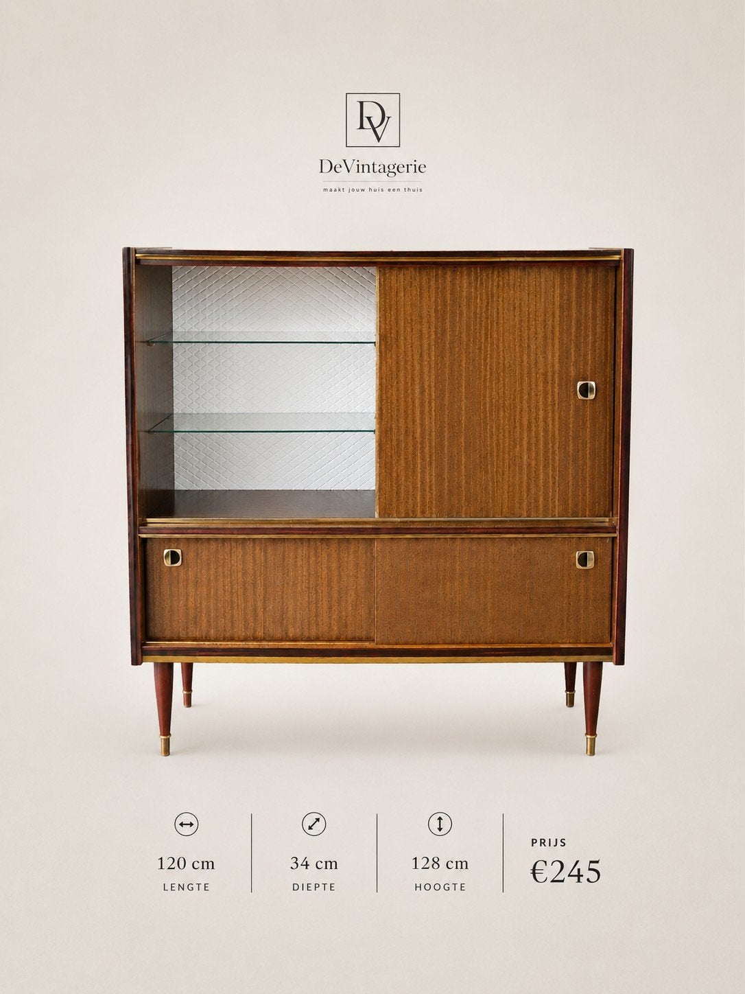 Vintage buffetkast/dressoir/bijzetkast, Huis en Inrichting, Kasten | Vitrinekasten, 100 tot 150 cm, Vintage, Glas, Minder dan 100 cm