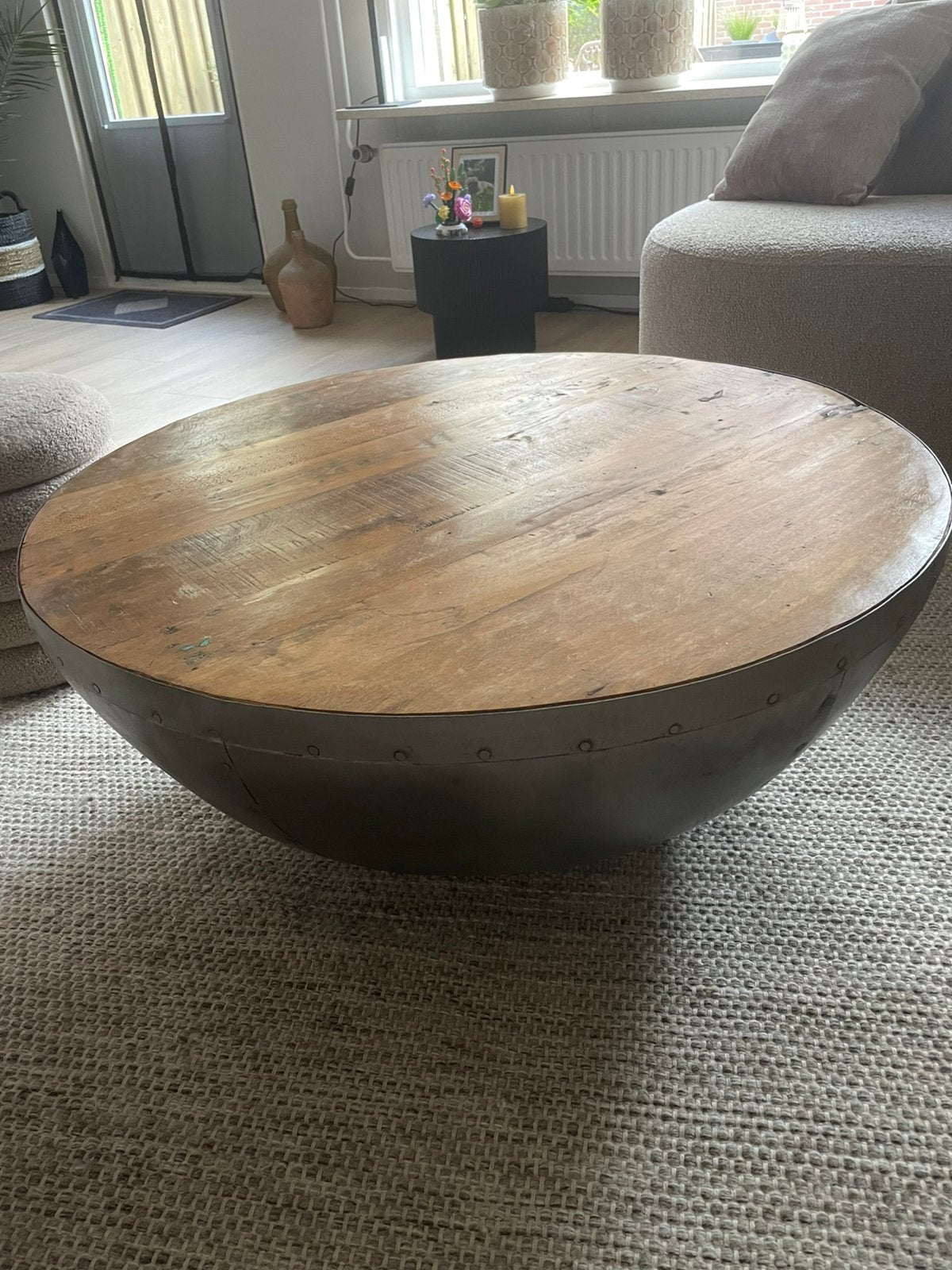 Salontafel vintage afgewerkt doorsnee 90cm, Huis en Inrichting, Tafels | Salontafels, Ophalen, Gebruikt, 50 tot 100 cm, Metaal