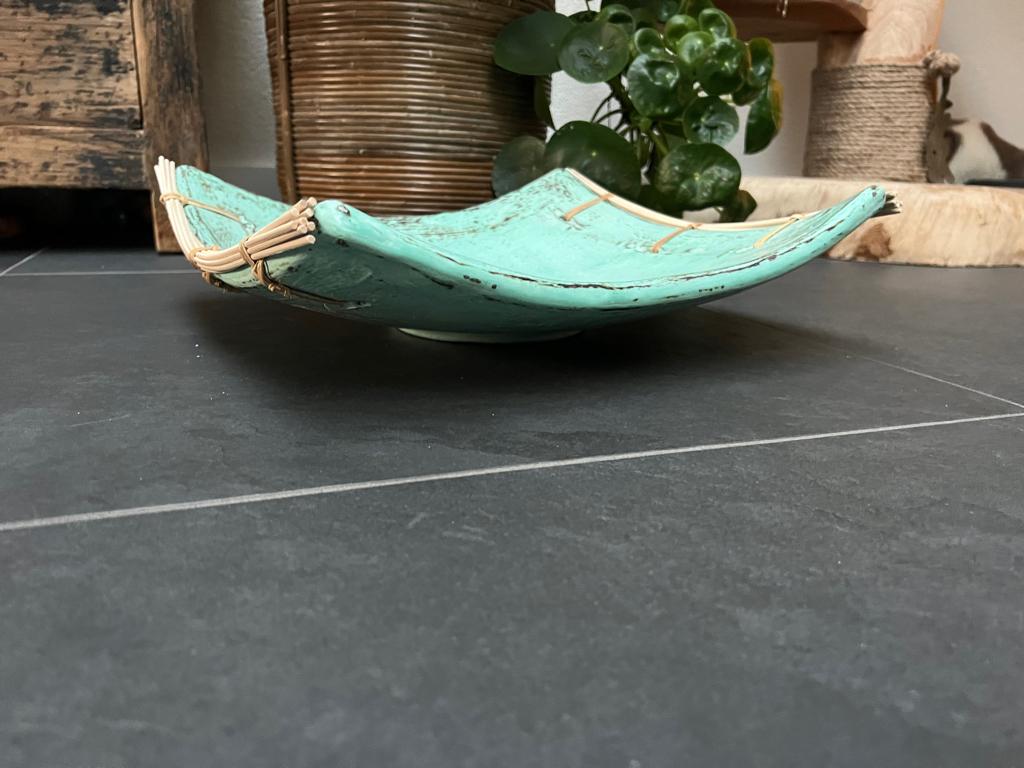 Oosterse schaal groot Ibiza boho kleur blauw keramisch 38 cm, Verburgt Vintage, Porselein of Keramiek, Schaal, Vierkant