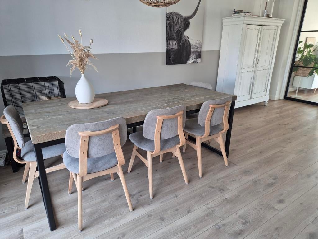 Eetkamerset. Tafel, bank en 5 '60 stoelen., Ophalen, Gebruikt, 200 cm of meer, 50 tot 100 cm
