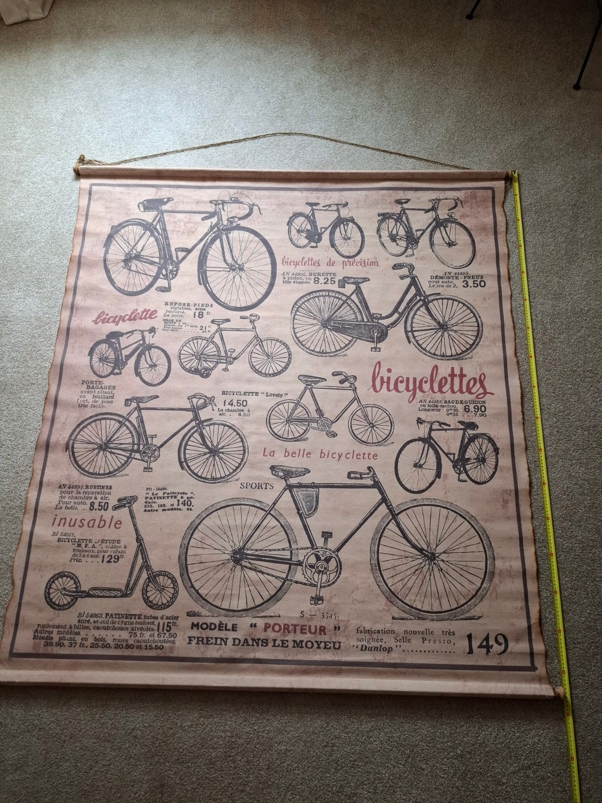 Wanddecoratie banner canvas fiets bicycle, Vintage, Textiel, 155 cm, Wandbord of Wandpaneel