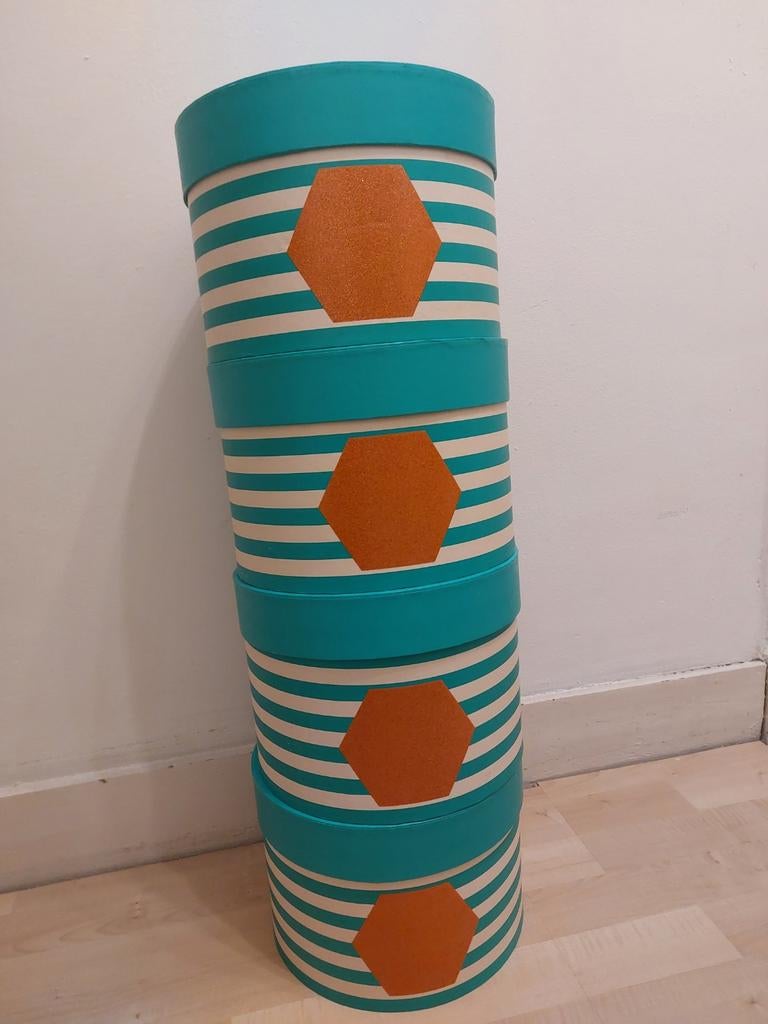 Set van 4 decoratieve opbergdozen - Turquoise/Beige, Ophalen, Gebruikt, Overige thema's, Meerkleurig
