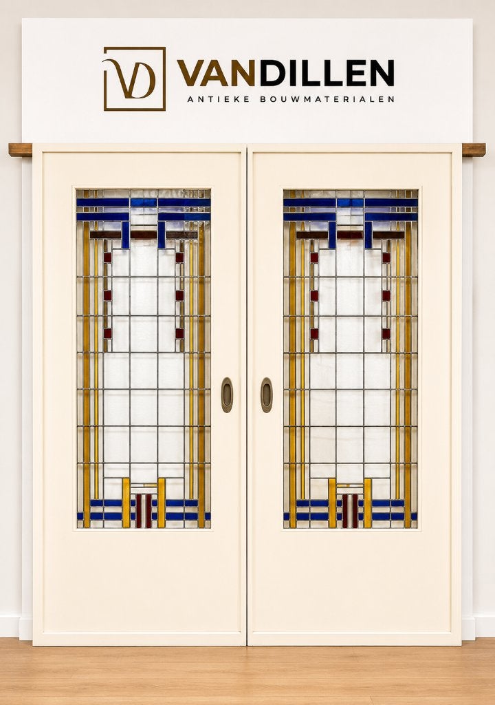 Antieke grote ensuite deuren glas in lood gekleurd, Doe-het-zelf en Verbouw, Deuren en Horren, Binnendeur, Ophalen of Verzenden