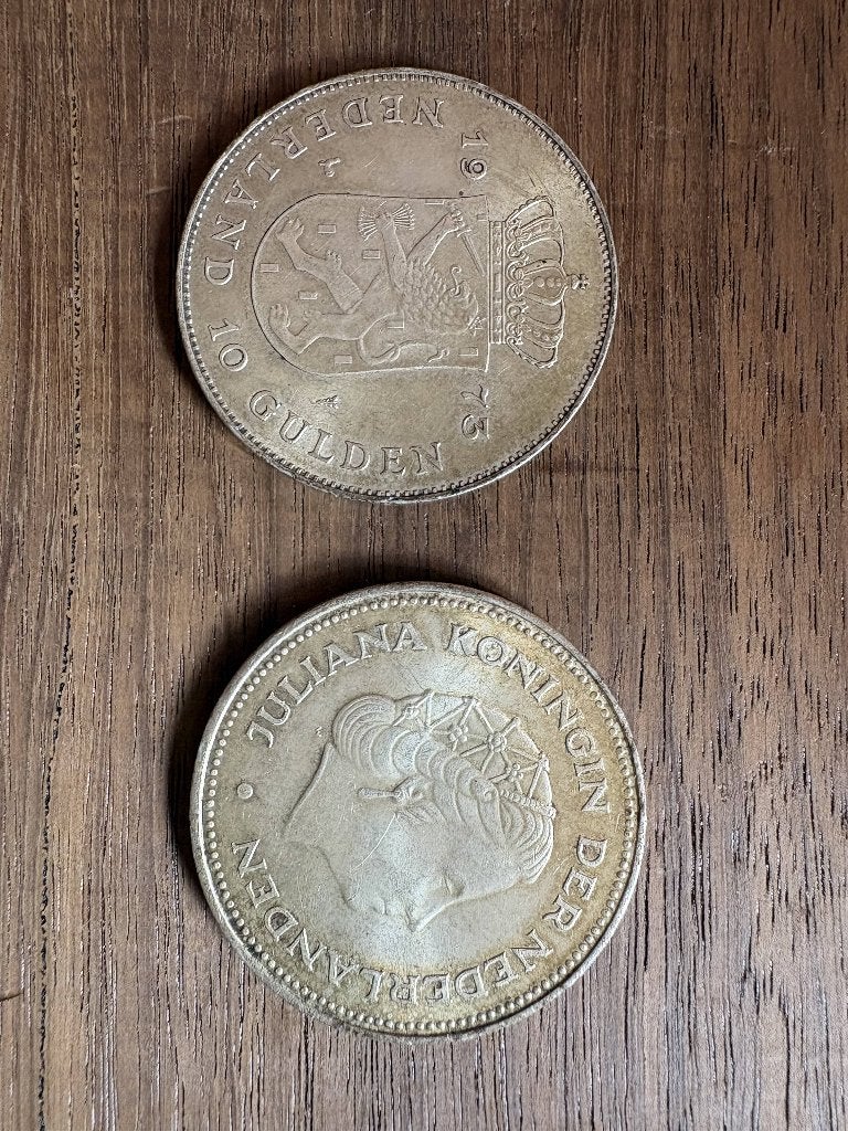 zilveren tientje uit 1970 en 1973, Postzegels en Munten, Koningin Juliana, Verzenden, Zilver, Losse munt