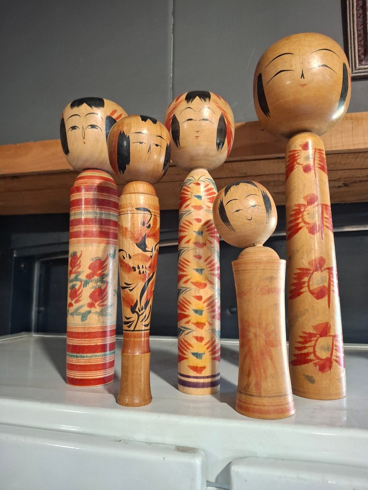 Vintage Japanse Kokeshi poppen - 5 stuks houten souvenirs, Ophalen of Verzenden, Gebruikt