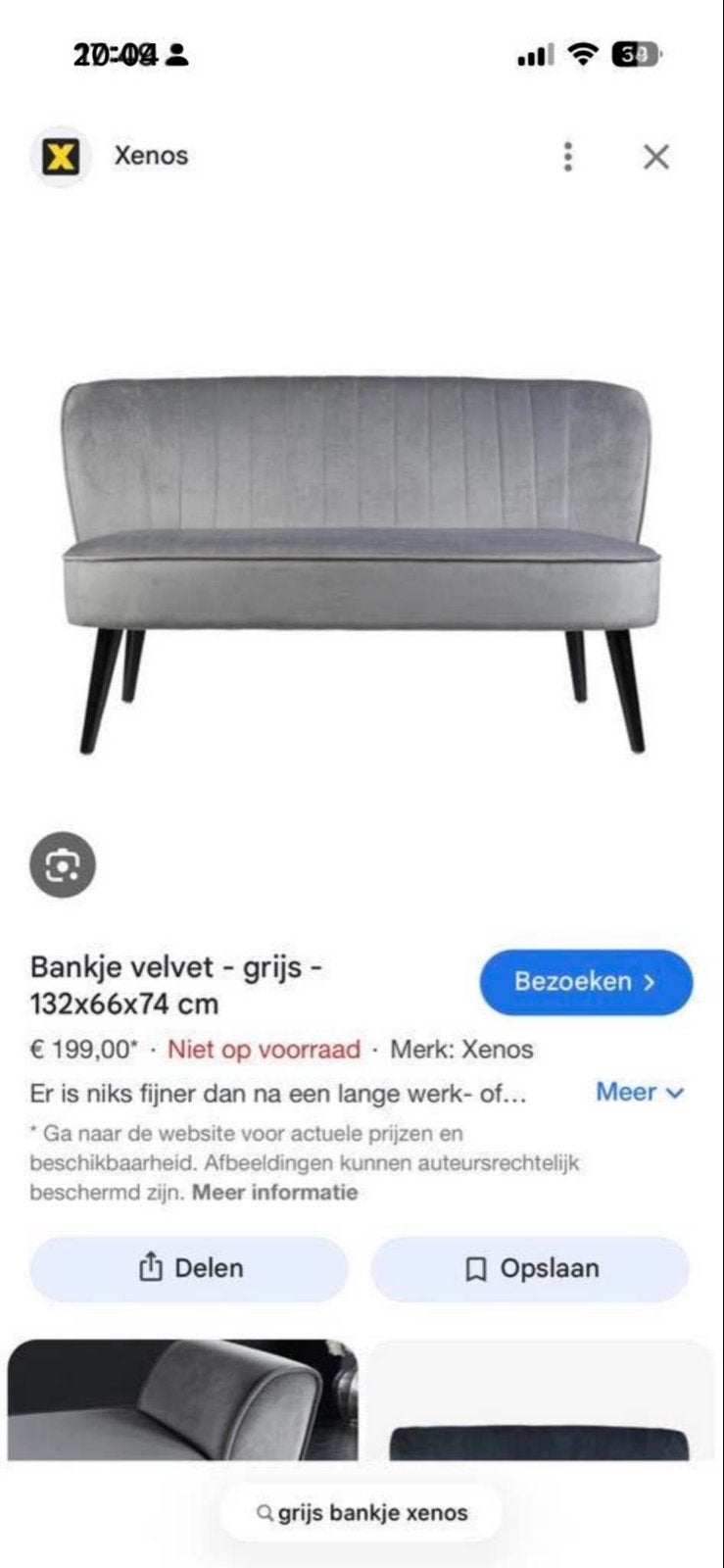 Grijs fluwelen bankje - Xenos - 132x66x74 cm, Huis en Inrichting, Ophalen, Gebruikt, Tweepersoons, 75 tot 100 cm