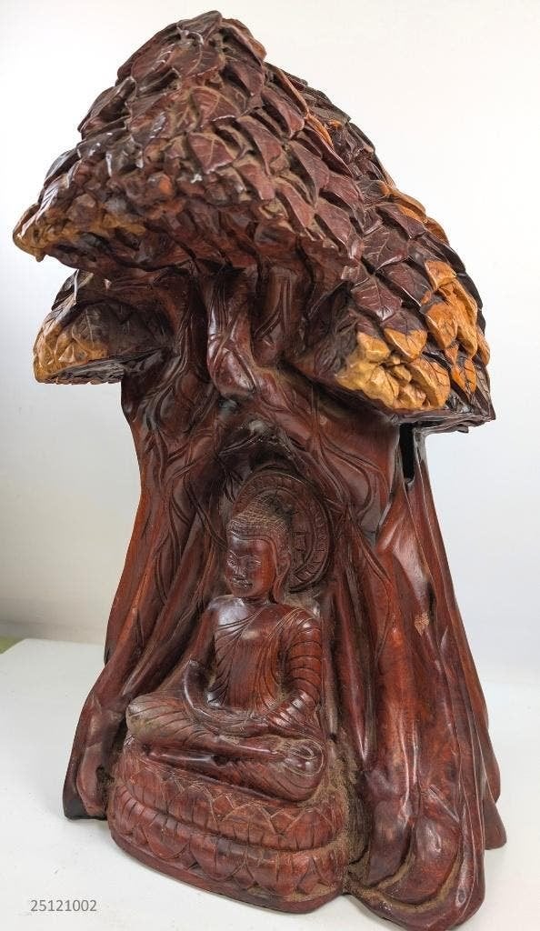 handgemaakte houten sculptuur Boeddha  onder de Bodhiboom, Ophalen, Handgemaakt, Hout, Beeld