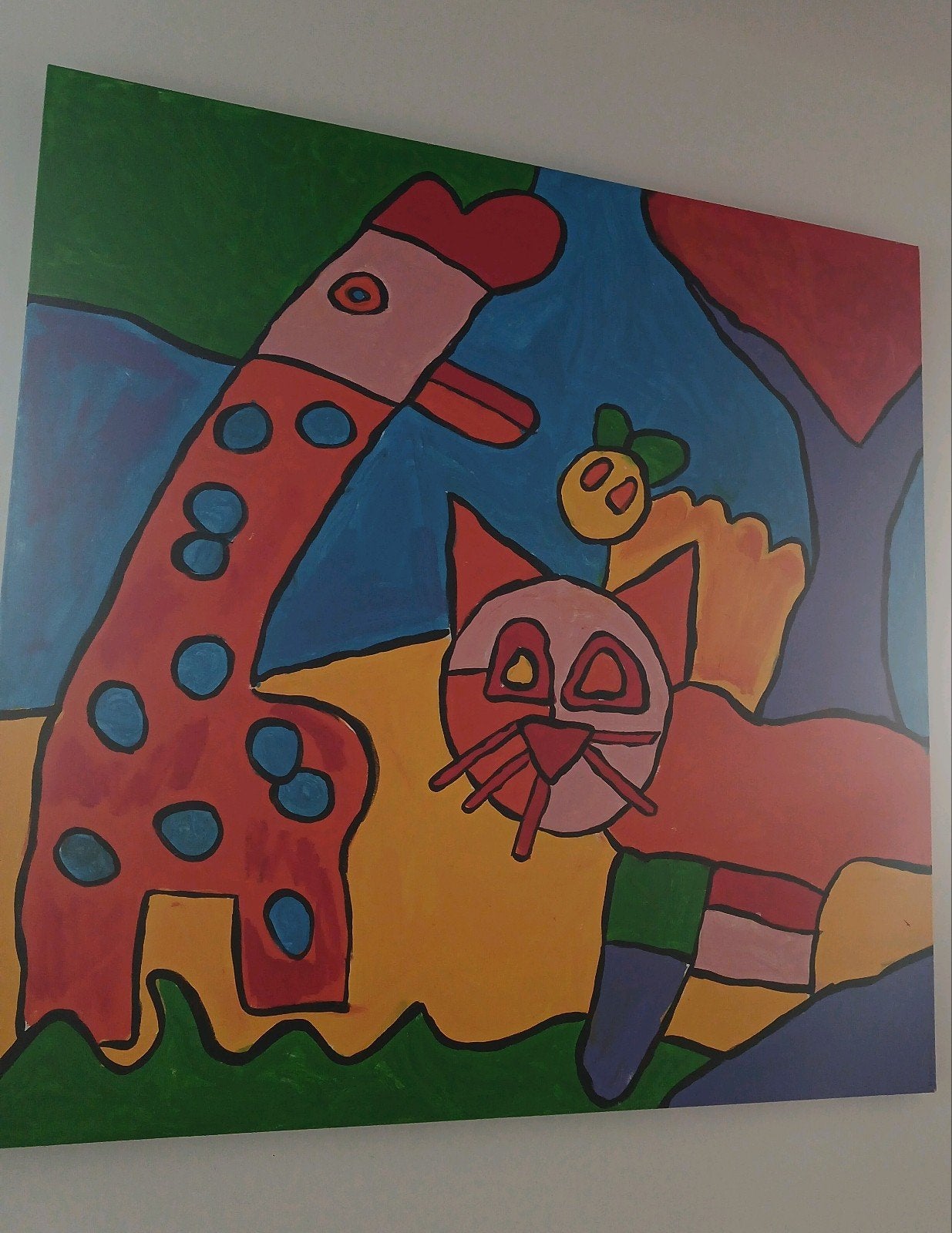 groot kleurrijk schilderij met poes en dieren, Ophalen