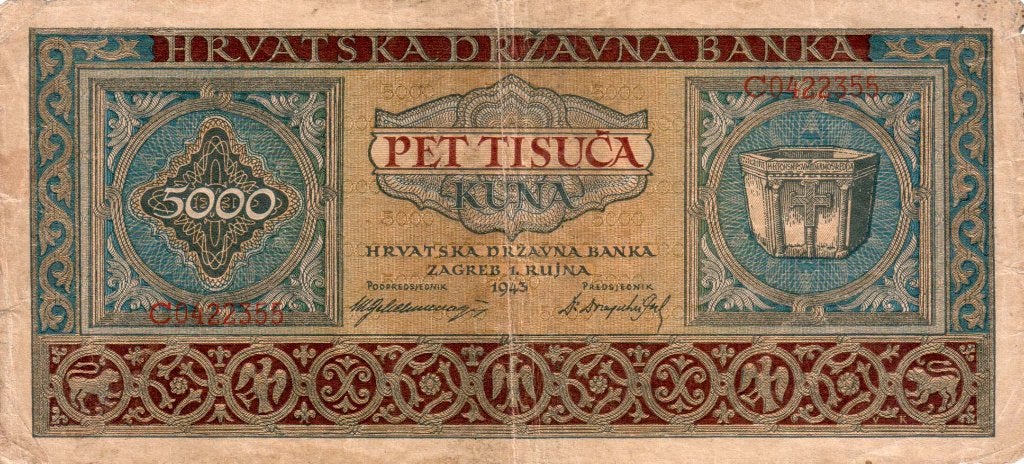 Kroatië 5000 kuna 1943 - VF, Postzegels en Munten, Bankbiljetten | Europa | Niet-Eurobiljetten, Verzenden, Overige landen, Los biljet