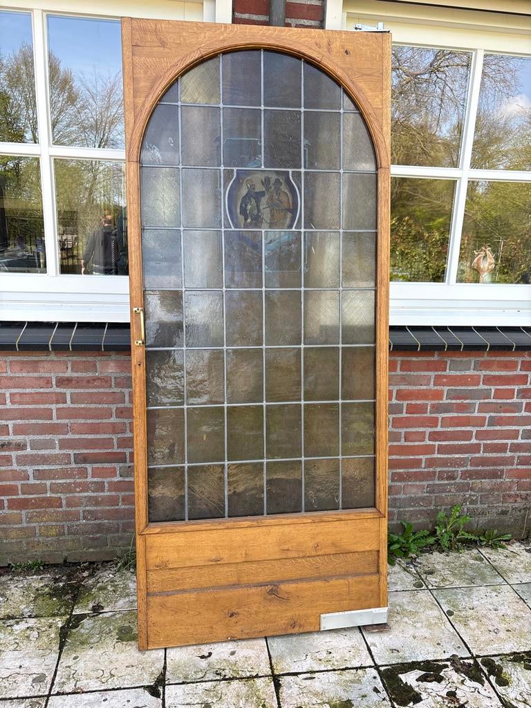 Antieke Binnendeur met Glas-in-lood en Houten Paneel, Doe-het-zelf en Verbouw, Deuren en Horren, Ophalen, Gebruikt, 80 tot 100 cm
