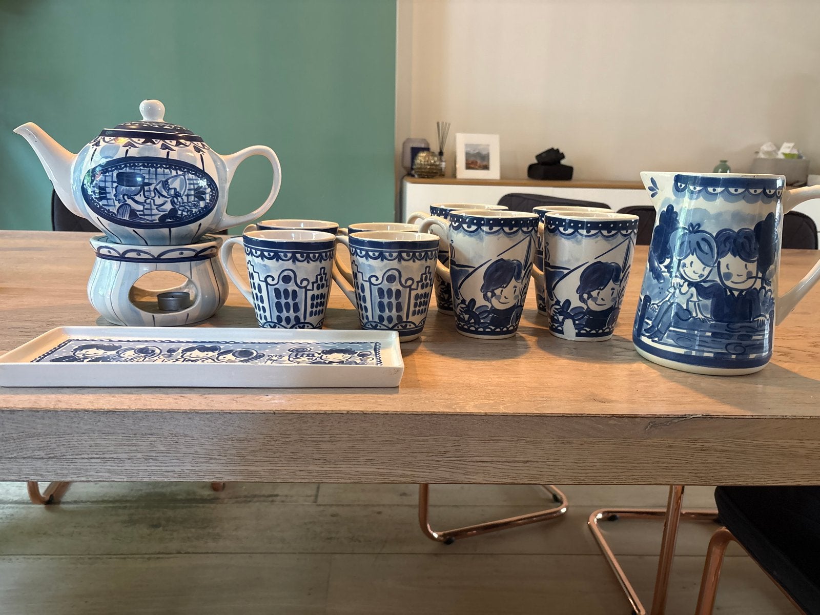 Delftsblauw theeservies met theepot, theelichthouder en kopj, Ophalen, Overige merken, Keramiek, Zo goed als nieuw