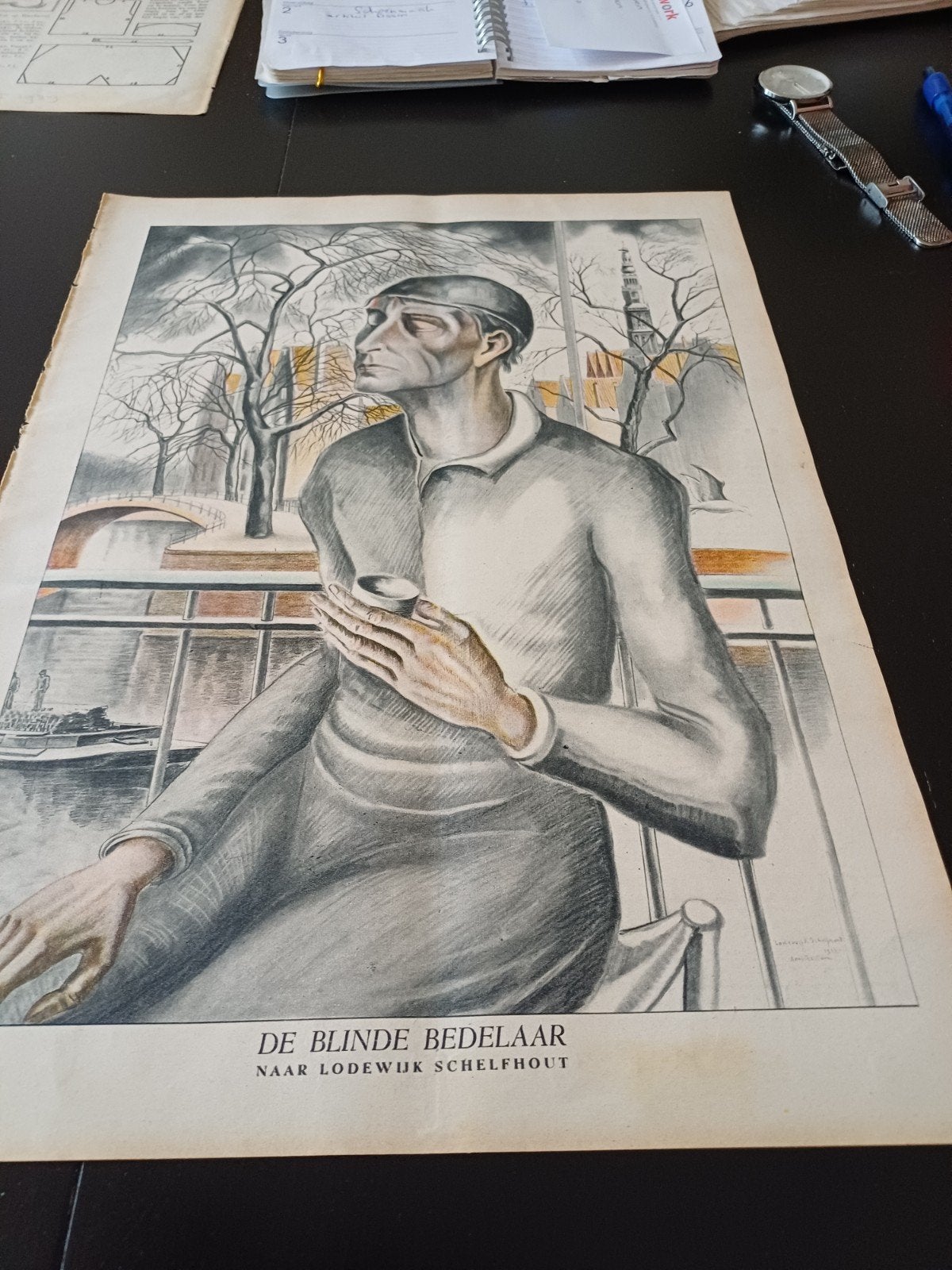 paginagrote kleuren afbeelding Blinde bedelaar Schelfhout, Ophalen of Verzenden, 1920 tot 1940, Knipsel(s)