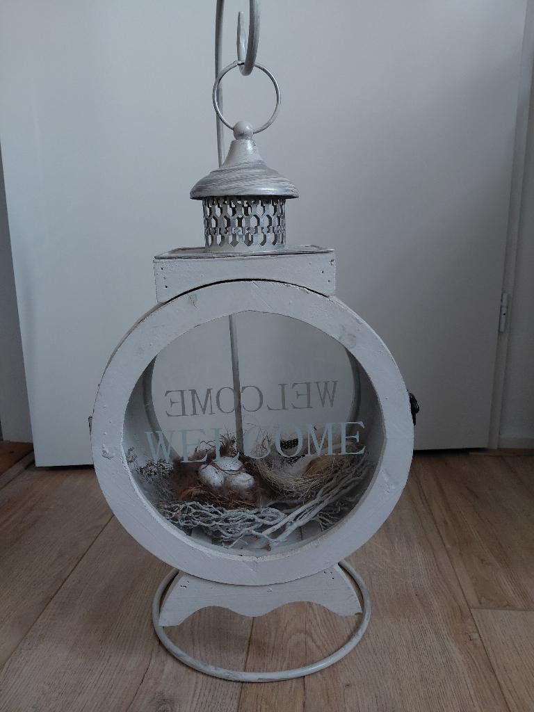 Houten windlicht met metalen standaard, Huis en Inrichting, Woonaccessoires | Kandelaars en Kaarsen, Ophalen, Gebruikt, Wit, 75 cm of meer