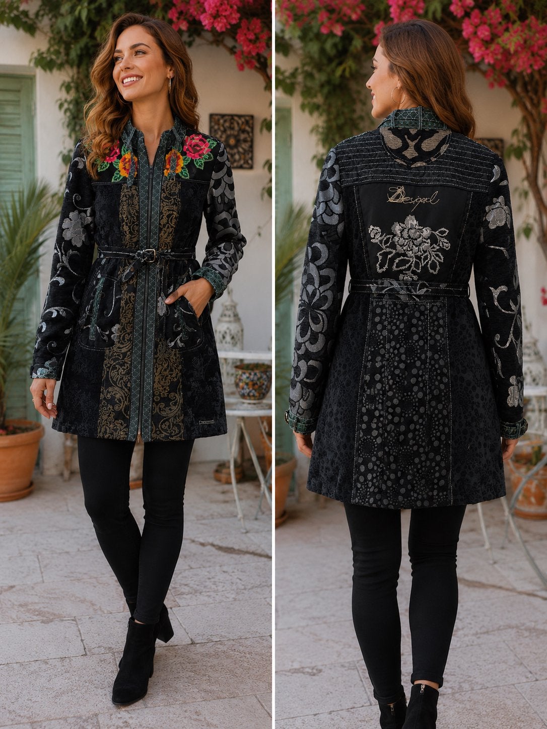 Desigual jas met bloemenborduursels en riem, Kleding | Dames, Ophalen of Verzenden, Zo goed als nieuw, Maat 38/40 (M), Zwart