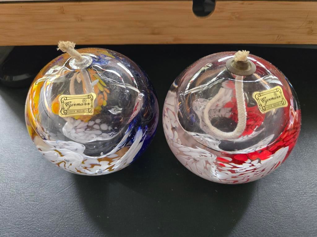 2 glazen bollen als olielampjes, Ophalen of Verzenden