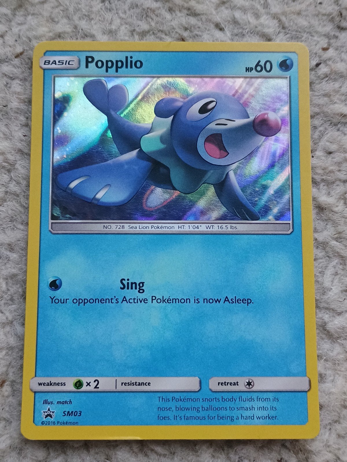 Pokemon kaarten Popplio Holo SM03, Ophalen of Verzenden, Zo goed als nieuw, Losse kaart, Foil