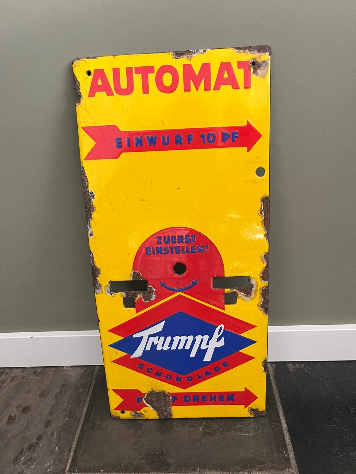 Emaille Reclamebord Trumpf Chocolade Automaat, Ophalen of Verzenden, Gebruikt, Reclamebord