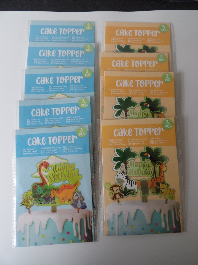 nieuw 9x acryl taarttopper set jungle dieren + dinosaurussen, Ophalen of Verzenden, Nieuw, Taarten of Cupcakes, Versiering