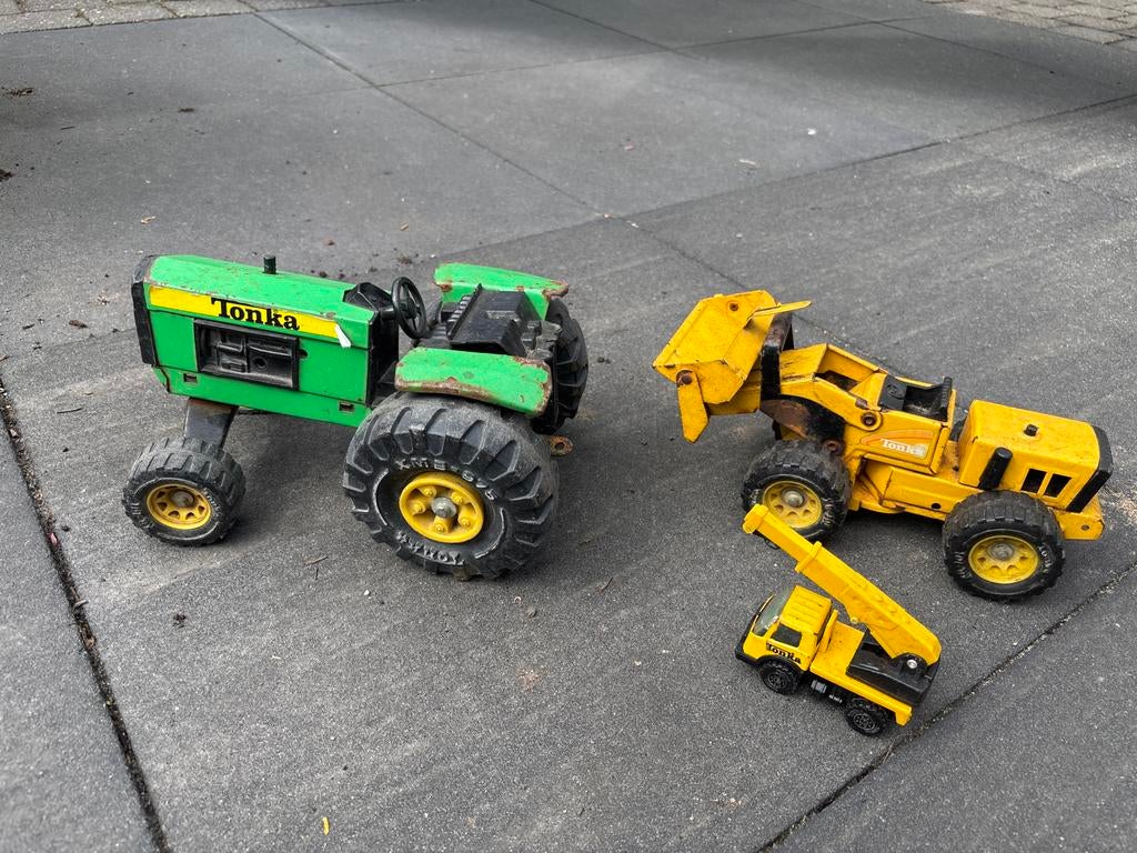 Vintage Tonka speelgoed: tractor, shovel en kraanwagen, Ophalen of Verzenden, Gebruikt