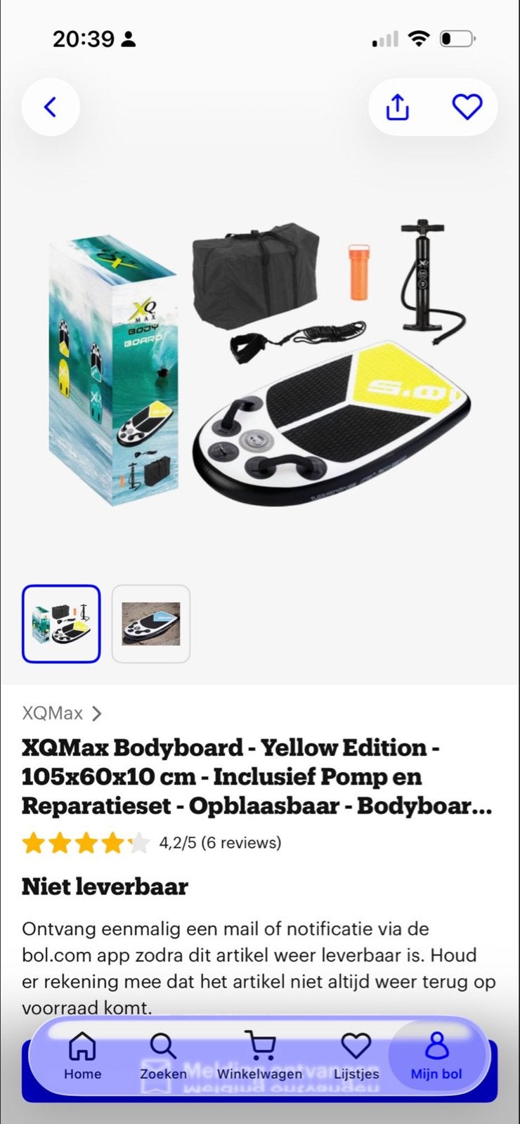XQMax Bodyboard - Geel - Opblaasbaar met pomp, Ophalen of Verzenden, Zo goed als nieuw, Overige typen