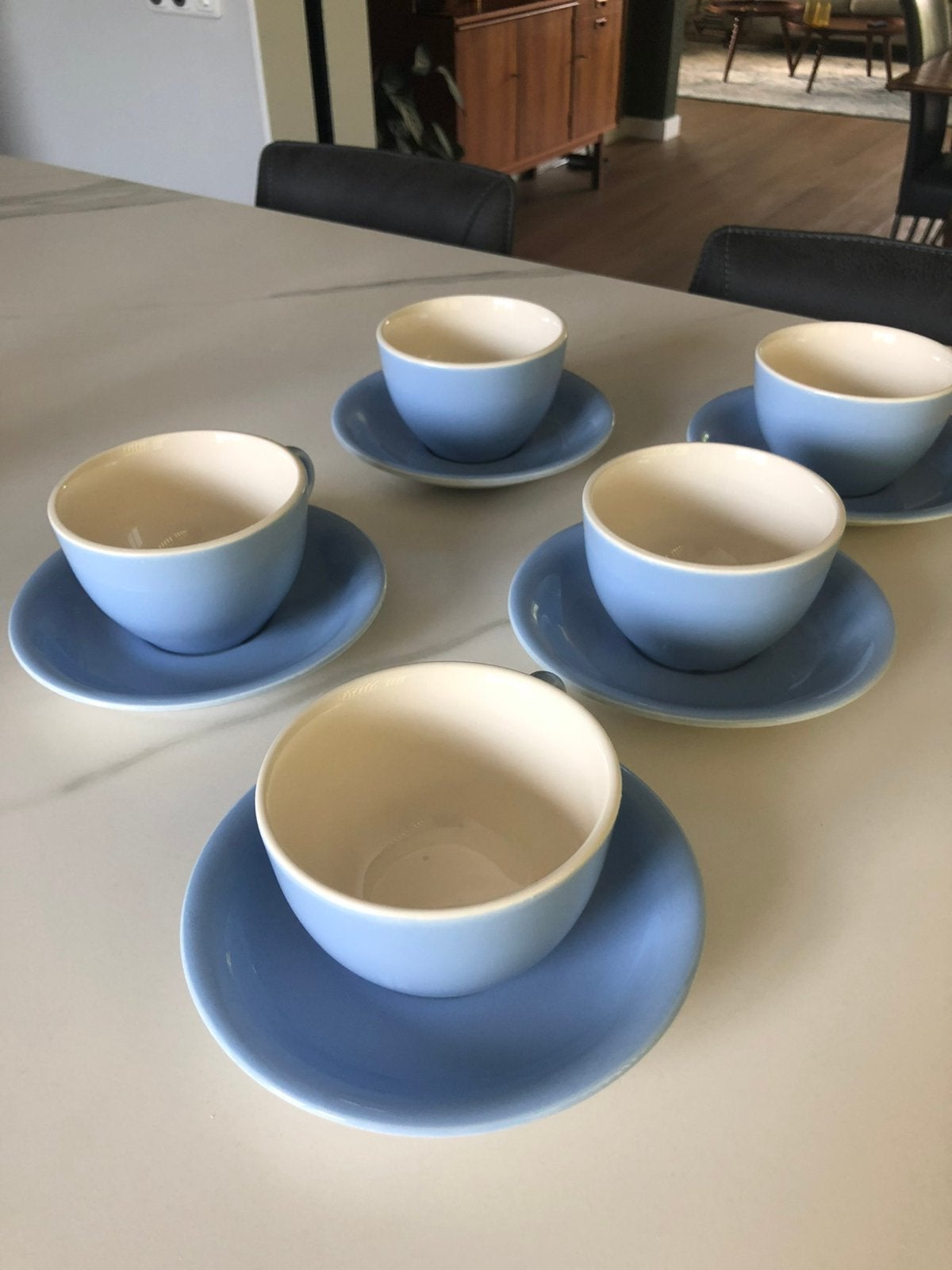 5 lichtblauwe kop en schotels vintage Tams ism Hema, Ophalen of Verzenden