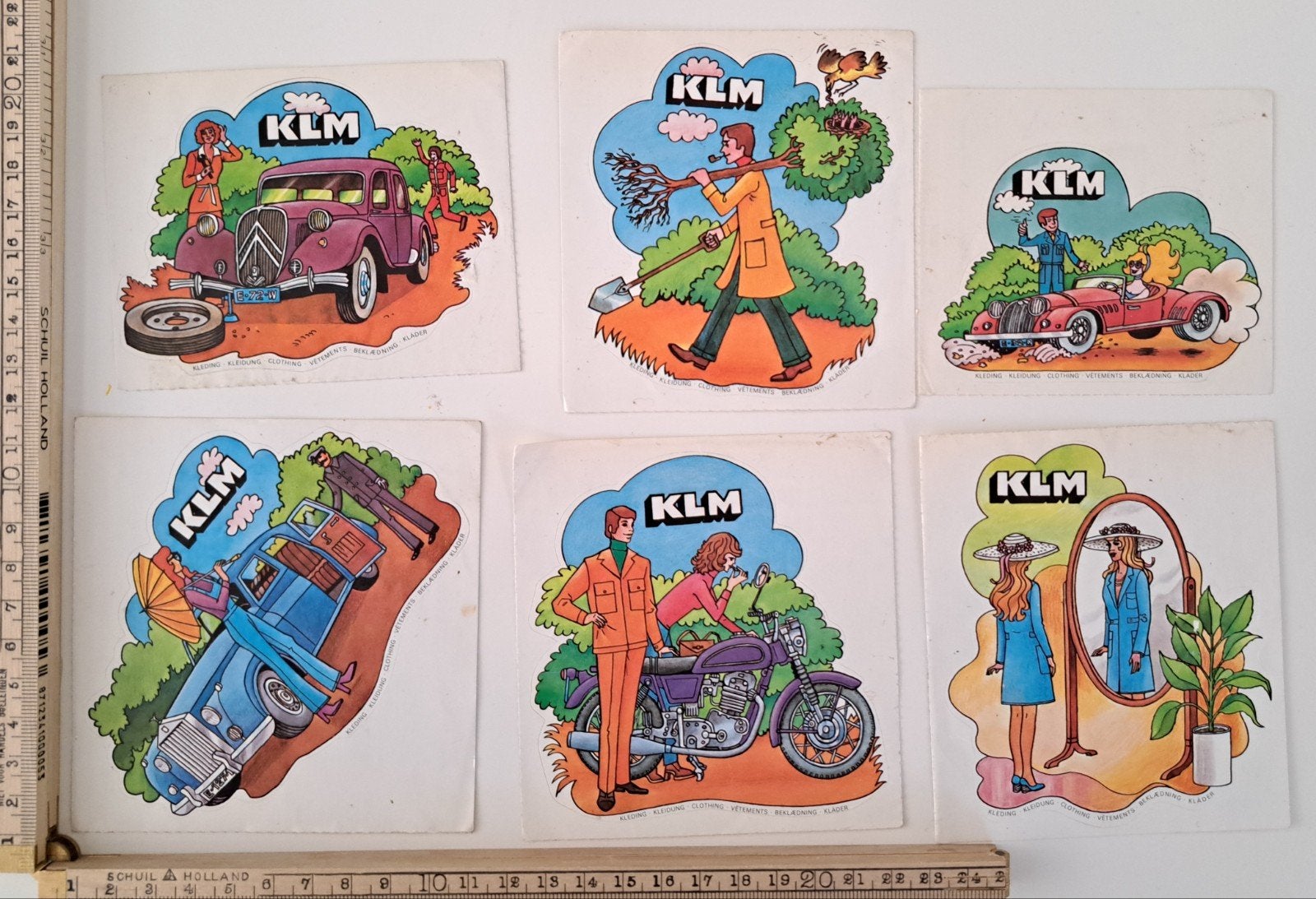 11 vintage stickers KLM kleding motor auto klassieker, Verzamelen, Stickers, Ophalen of Verzenden, Zo goed als nieuw, Merk