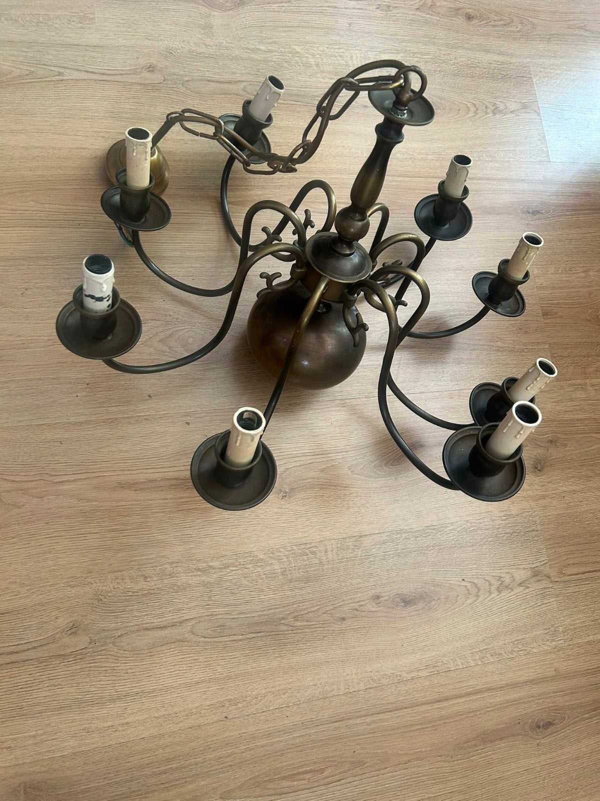 Antieke bronzen kroonluchter met 8 armen - Trio Leuchten, Gebruikt, Klassiek, Antiek, E14 (klein), Ophalen of Verzenden