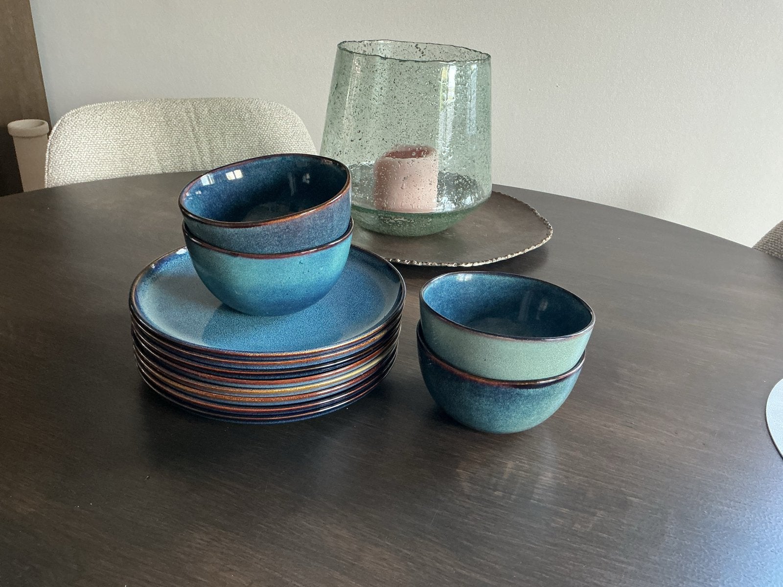 8 diner borden en 4 kommen in blauw van ikea “gladelig, Ophalen, Keramiek, Zo goed als nieuw, Bord(en)
