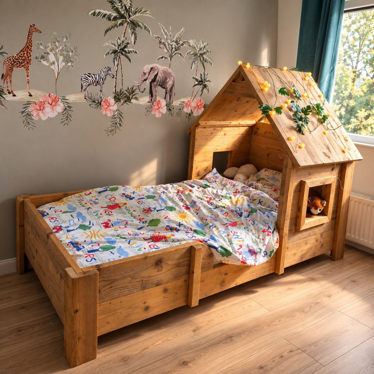 Stoer houten huisjesbed / kinderbed van steigerhout – Uniek, Ophalen, 180 cm of meer, 85 tot 100 cm, Lattenbodem