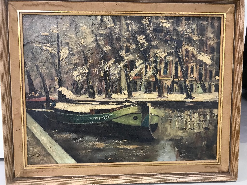 olieverf linnen winters stadsgezicht met boot, Ophalen of Verzenden