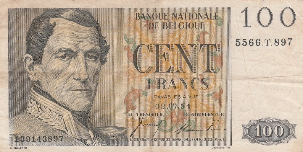 Bankbiljet van 100 frank uit 1954, Ophalen of Verzenden, Los biljet