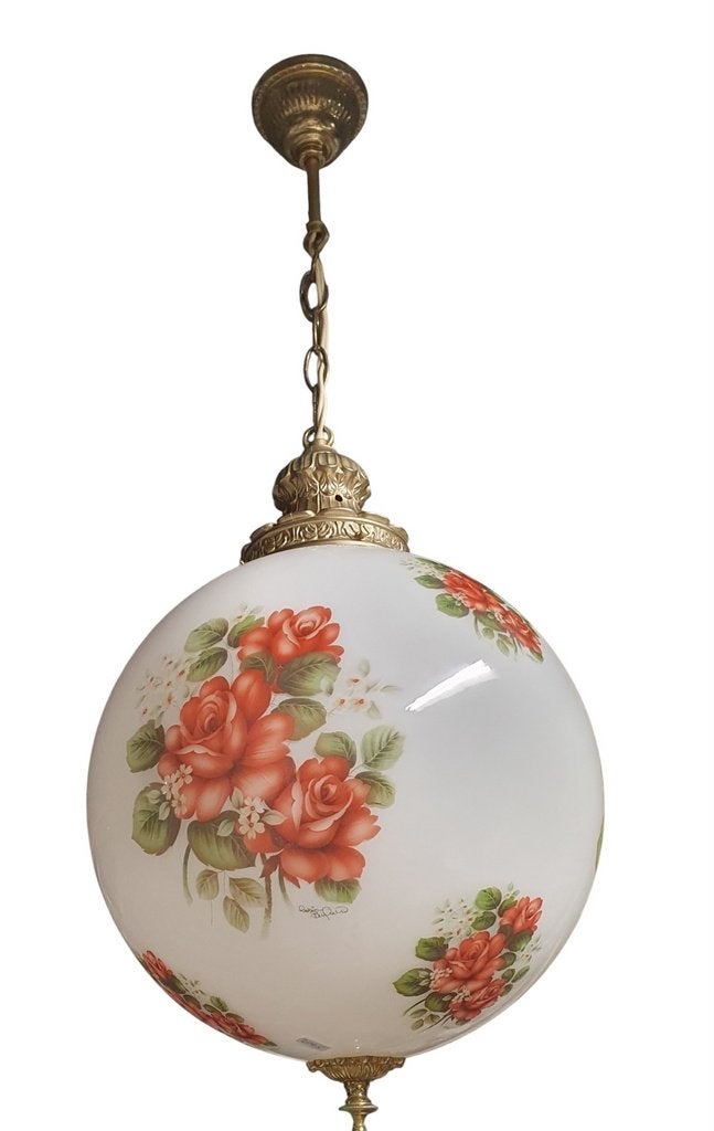 2065 vintage antieke brocante glazen hanglamp met rozen, Huis en Inrichting, Lampen | Hanglampen, Verzenden, Zo goed als nieuw