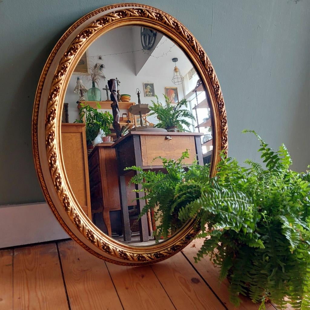 Lucky Vintage Brocante Ovale Spiegel met Barok Gouden Lijst, Ophalen, ., ., Minder dan 100 cm