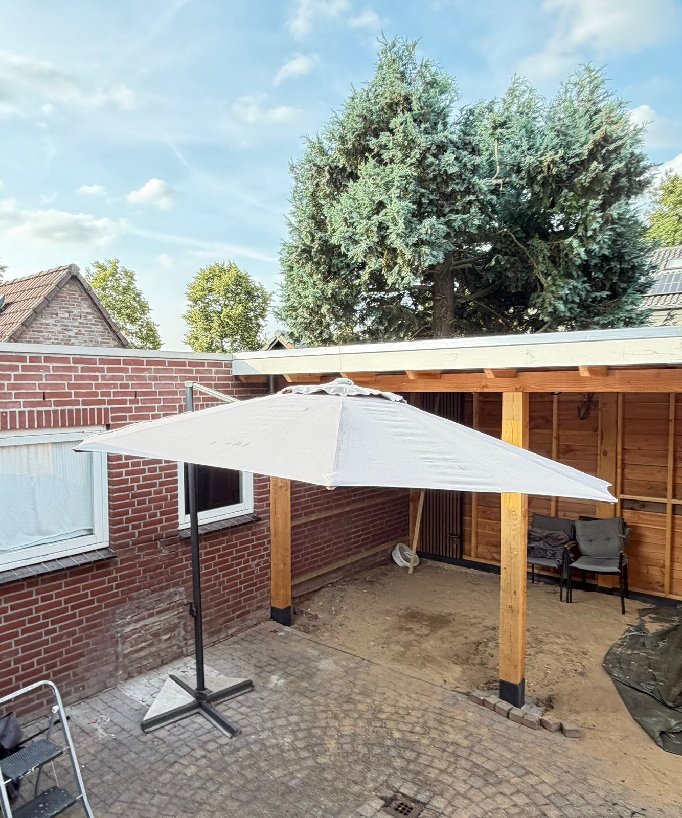 Parasol met voet, Ophalen, Verstelbaar, Gebruikt, Zweefparasol