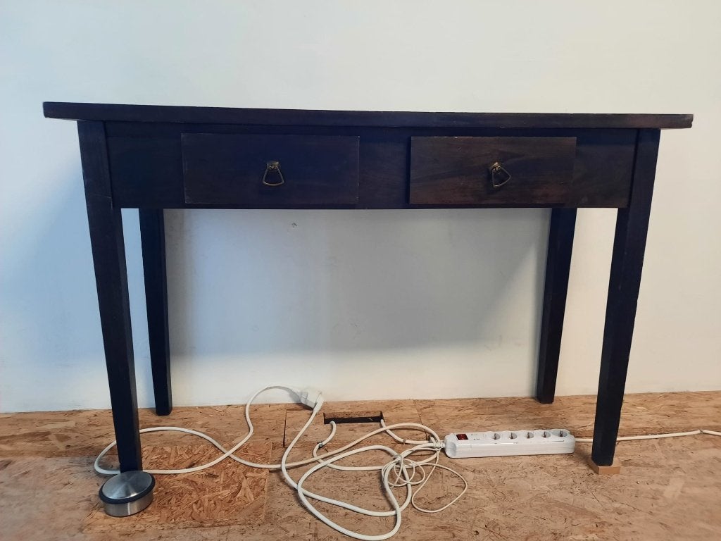 Klassieke houten wandtafel - Donkerbruin met 2 lades, Huis en Inrichting, Tafels | Sidetables, Ophalen, Gebruikt, 100 tot 150 cm